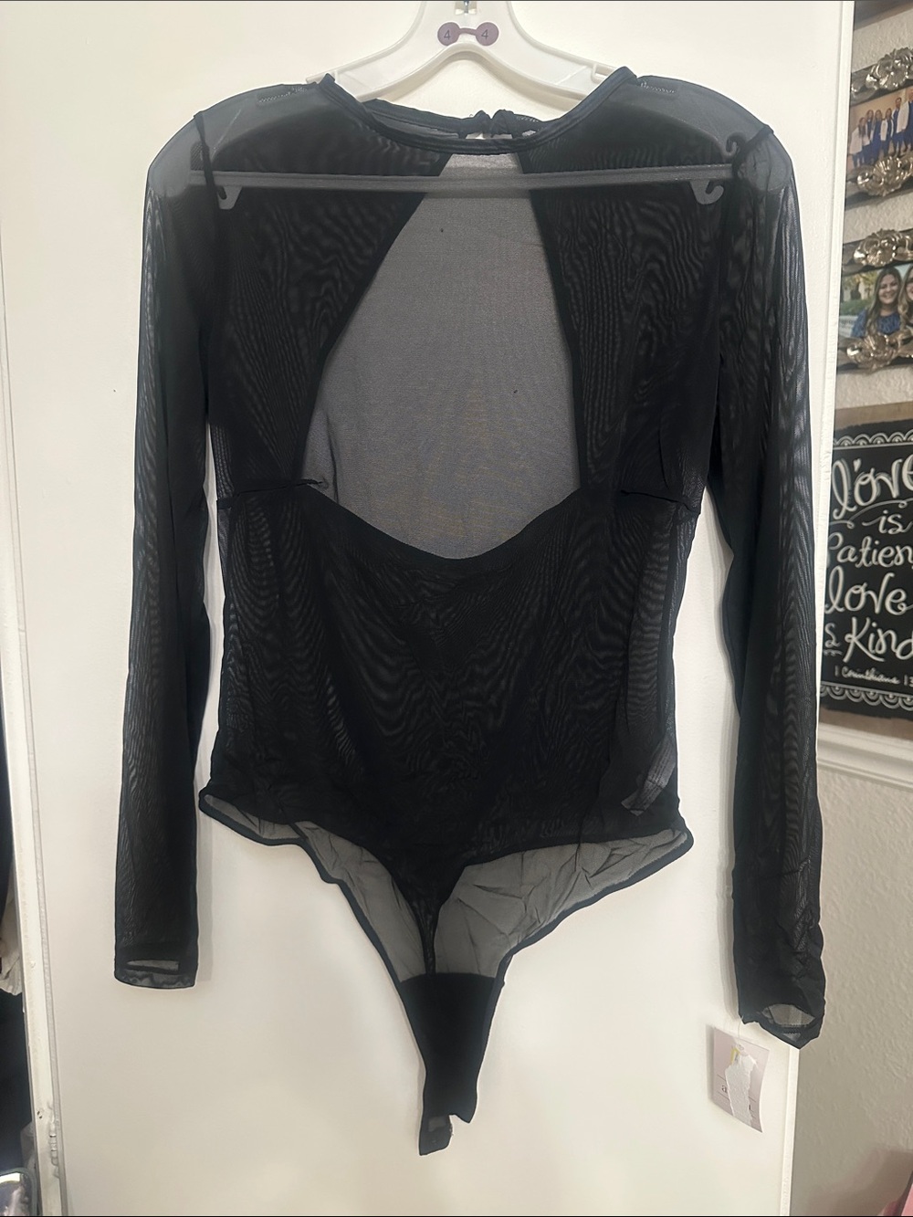 Auden Black Sheer Long-Sleeve Mesh Bodysuit with Scoop Back